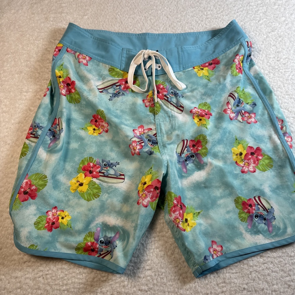 Disney Board Shorts Mens Meduim Blue Lilo Stitch Floral Hawaiian Drawstring